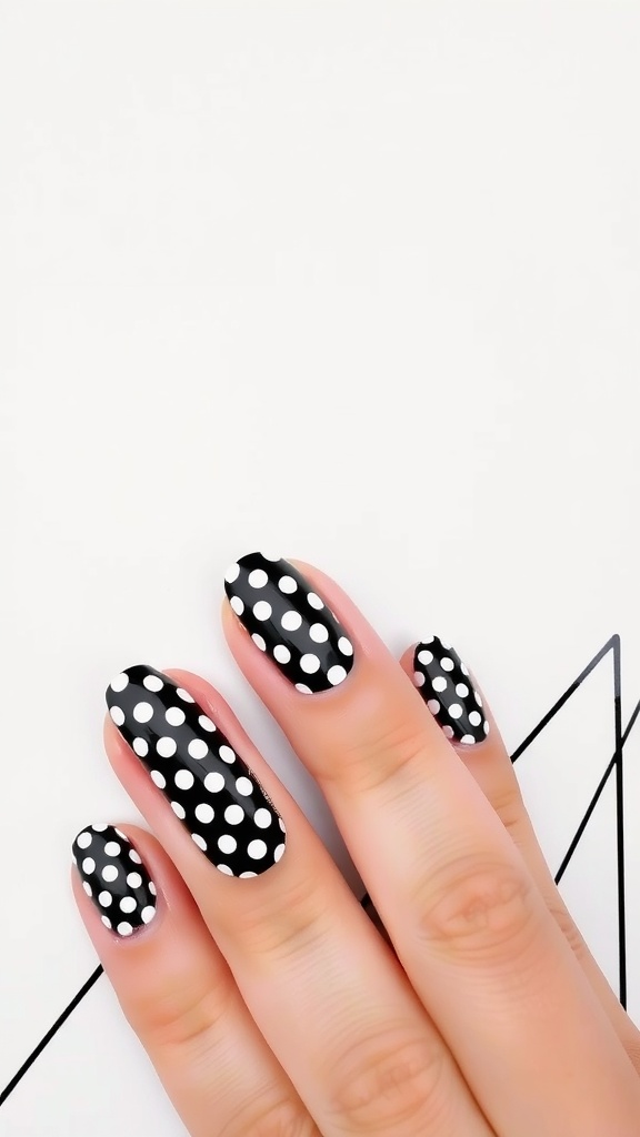 Close-up of hands with black polka dot nails on a white background