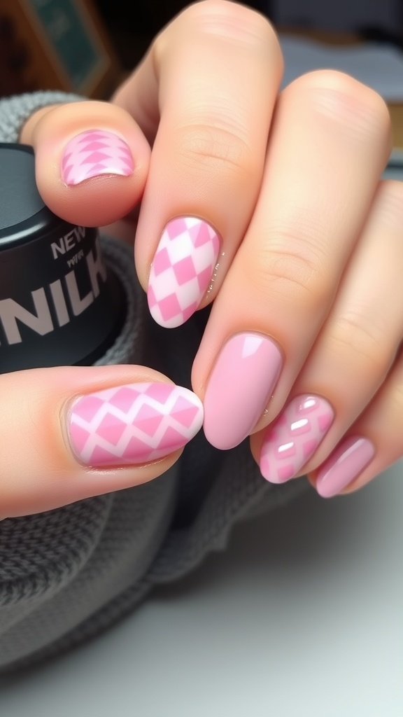 Close-up of beautifully manicured nails with geometric pink designs, including diamond patterns and solid pink.