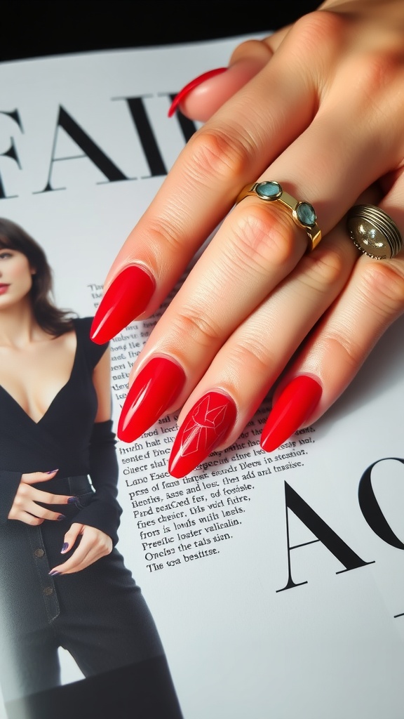 Close-up of a hand with long red acrylic nails featuring geometric designs, holding a magazine with a model on the cover.