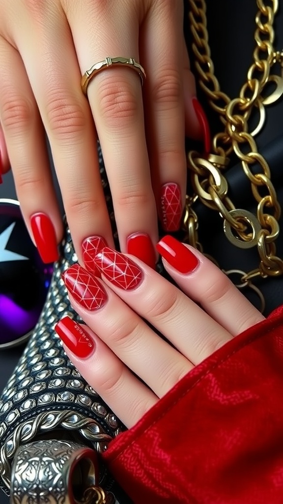 Close-up of geometric red nail designs with rings and accessories