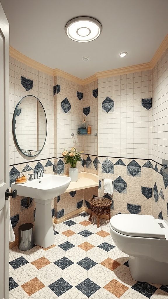 A stylish 70s inspired bathroom featuring geometric tiles in earthy tones.
