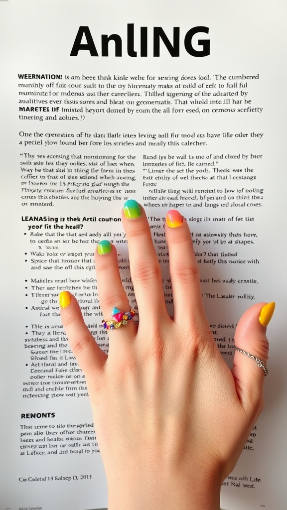 A hand with brightly colored geometric nail designs, featuring yellow, green, and pink hues.