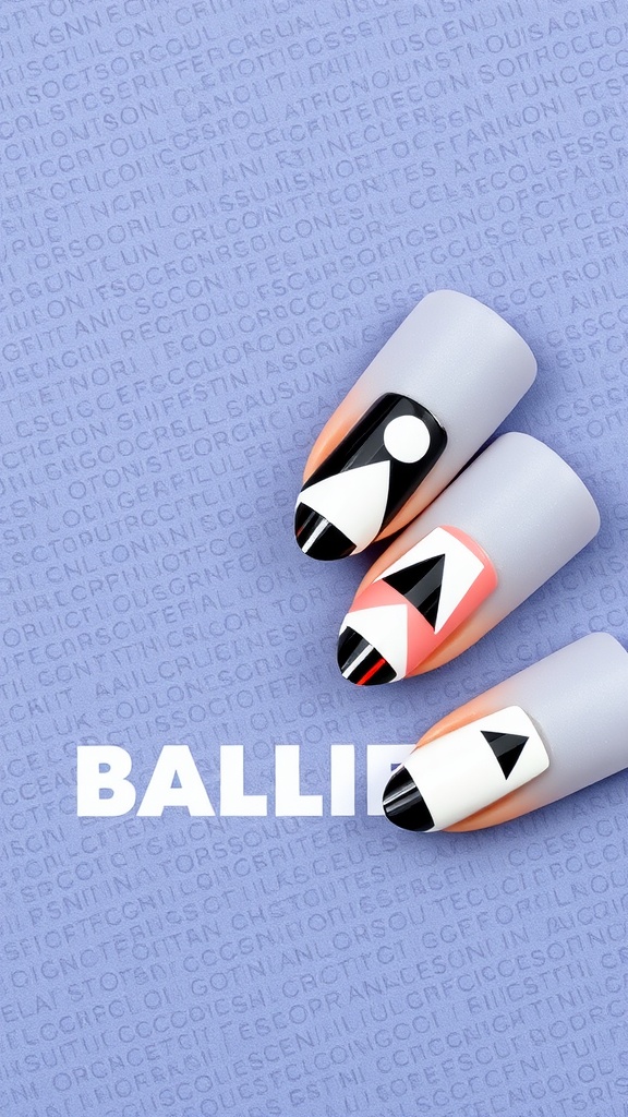 Stylish nails featuring geometric shapes and polka dots on a muted background