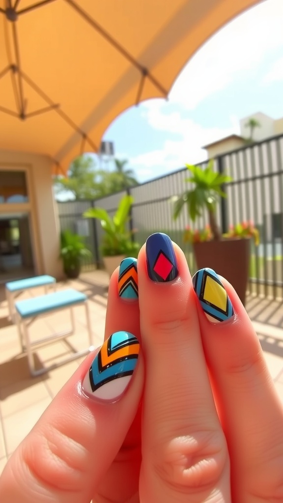 Colorful geometric nail design with triangles and chevrons in blue, red, yellow, and white.