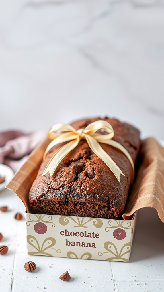 A beautifully packaged loaf of chocolate banana bread in a gift box with a ribbon.