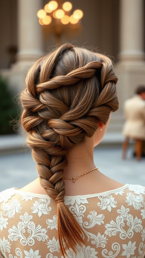 A beautiful ginger box braid updo hairstyle styled elegantly.