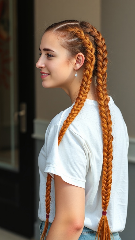 A young woman with ginger box braids, smiling, showcasing her hairstyle.