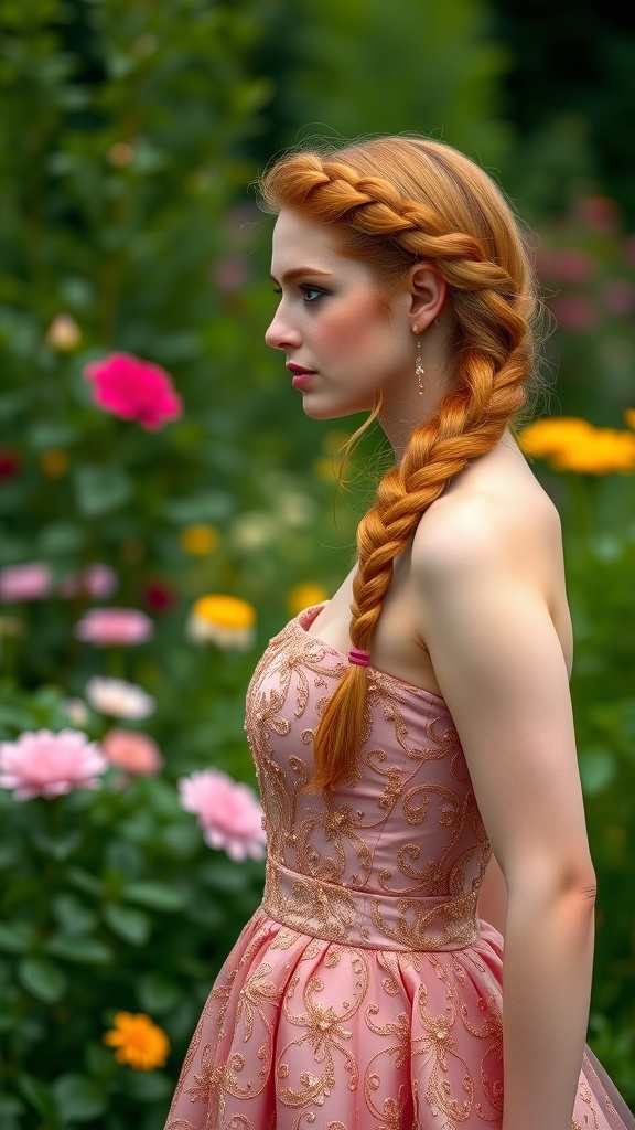 A woman with ginger hair styled in a thick braid, wearing a pink dress with gold embellishments, surrounded by colorful flowers.