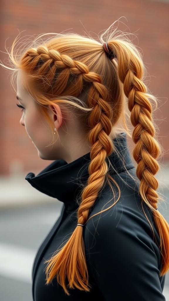 Ginger braided ponytail hairstyle with two braids gathered into a high ponytail, worn by a young woman in a sporty outfit.