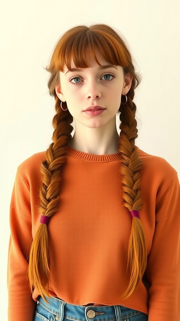 A young person with ginger braided hair and bangs, wearing an orange sweater.