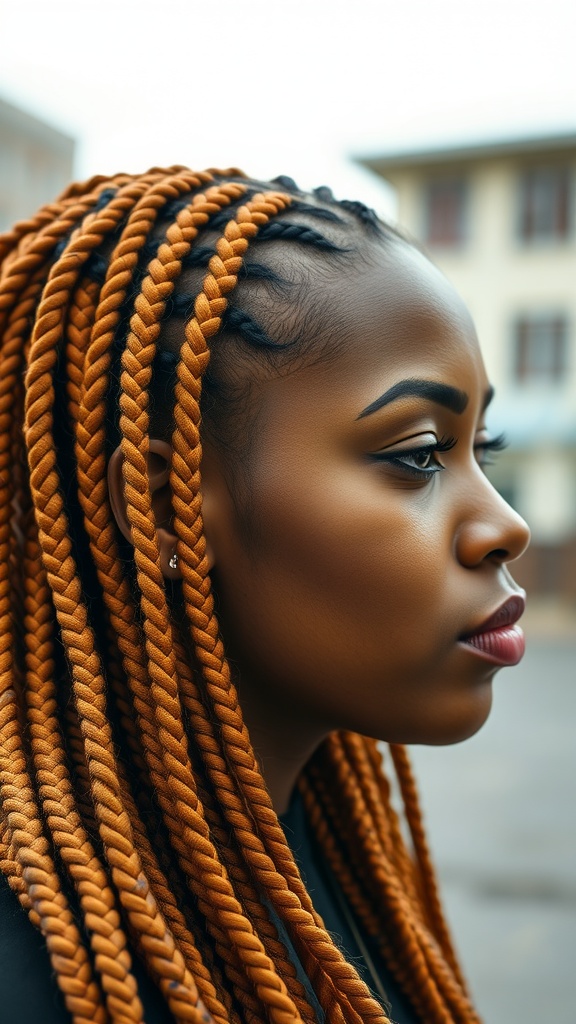 Profile view of a woman with ginger cornrow braids