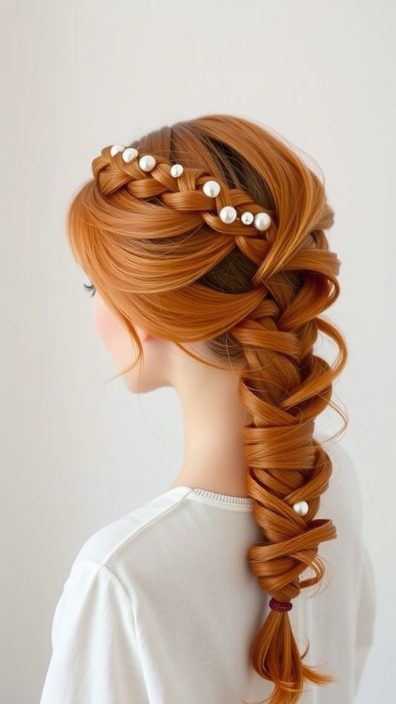 A ginger halo braid hairstyle adorned with pearls, showcasing a beautiful braid circling the crown.
