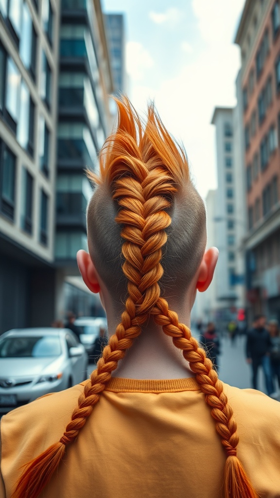 Person with ginger mohawk braids walking in the city