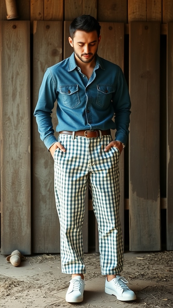 A stylish outfit featuring a denim shirt and gingham pants, complemented with white sneakers.