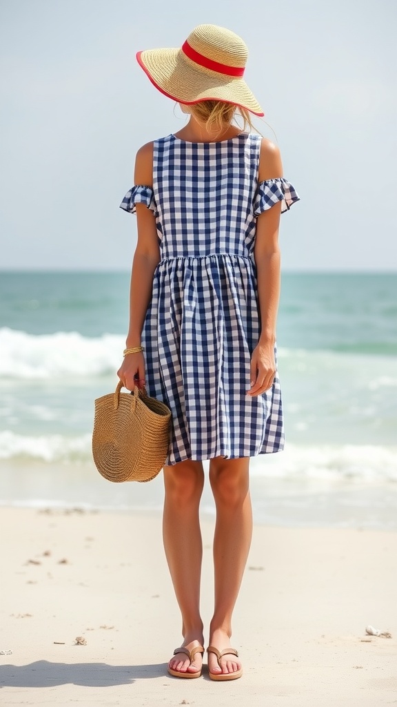 A woman in a blue and white gingham dress stands on the beach, wearing a straw hat and holding a bag.