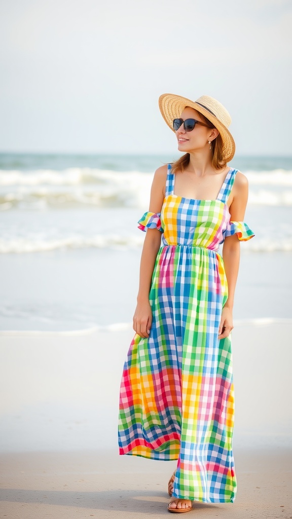 A woman in a colorful gingham dress walking on the beach, smiling and enjoying the sunny day.