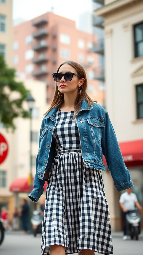 A woman wearing a gingham dress layered with a denim jacket, walking confidently in an urban setting.
