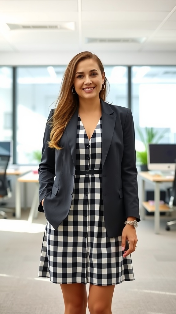 A woman wearing a gingham dress with a chic blazer in an office setting.