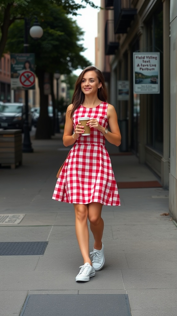 Woman in a red and white gingham dress walking with sneakers
