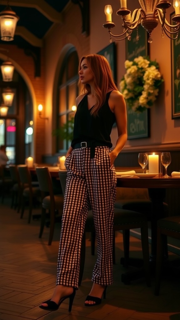 A woman stands confidently in a restaurant wearing stylish gingham pants and a sleek black top.