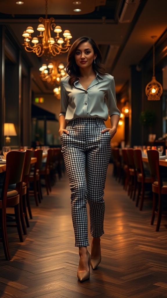 A woman wearing gingham pants and a stylish blouse in a restaurant setting.