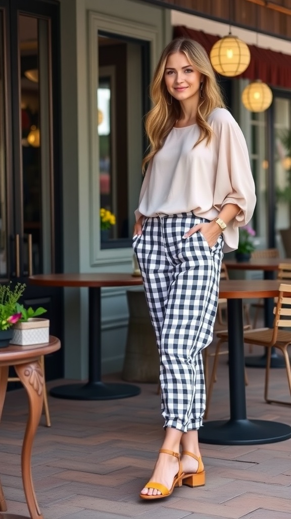 A woman wearing gingham pants and a light top, smiling at a cafe.