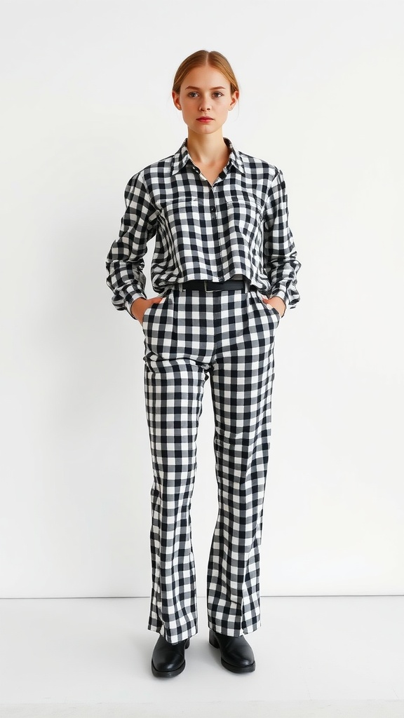 Model wearing black and white gingham pants and matching shirt