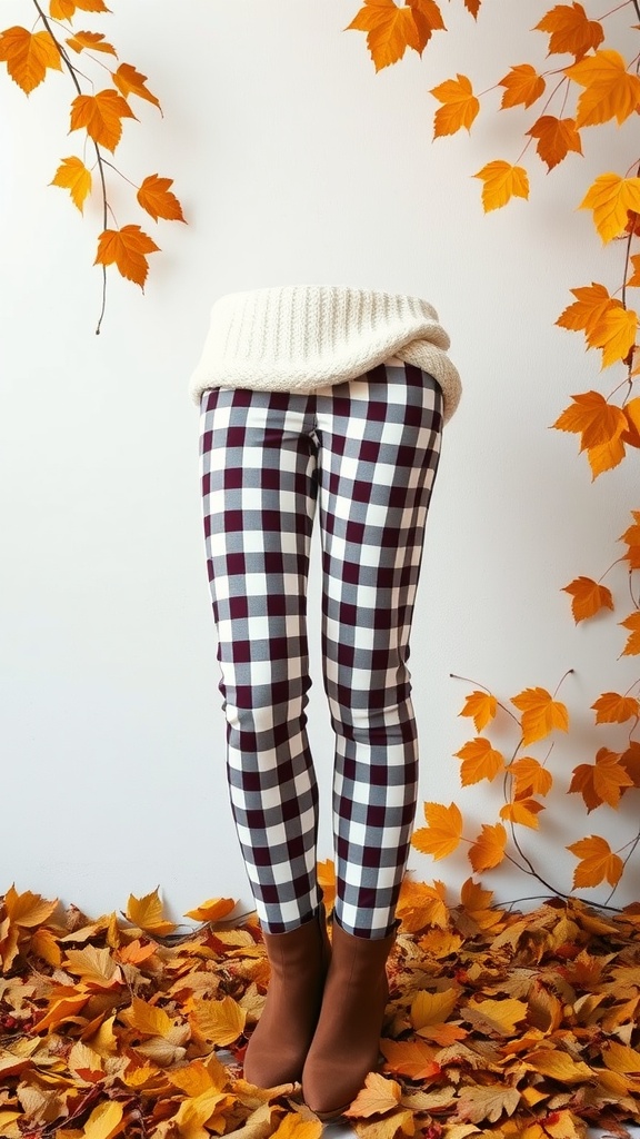 A pair of burgundy and white gingham pants worn with a cream sweater, surrounded by autumn leaves