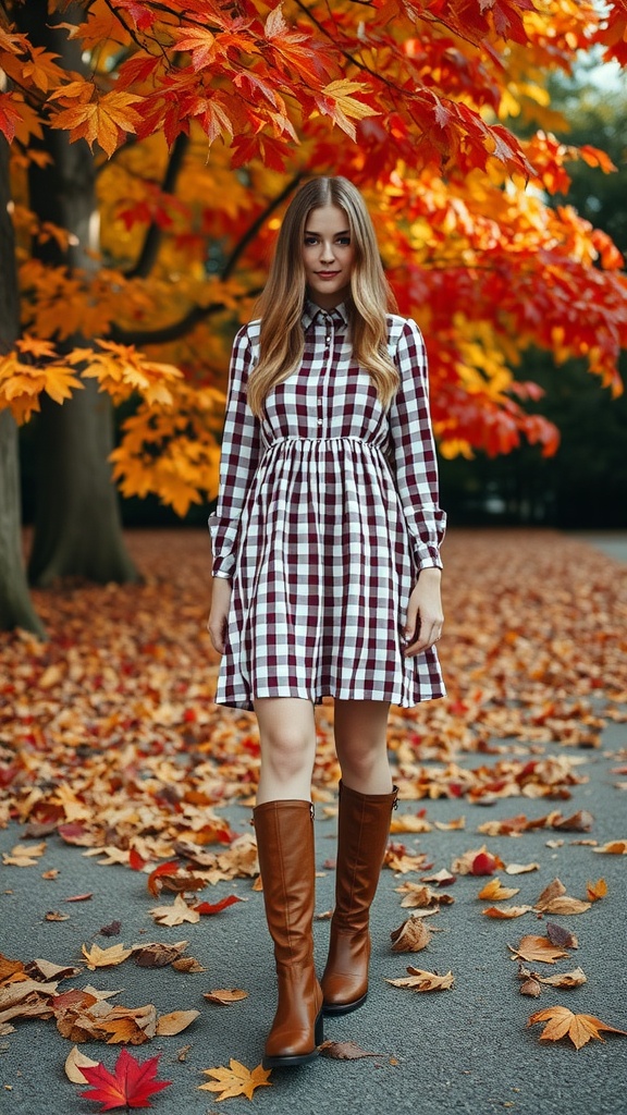 A woman in a gingham print dress stands on a path covered with autumn leaves, surrounded by colorful trees.