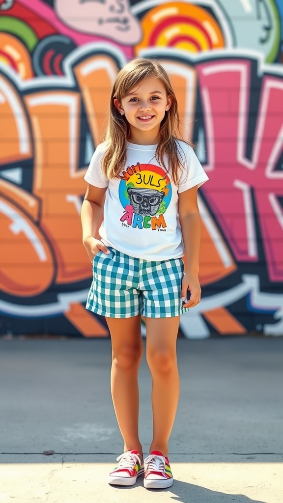 A young girl wearing green and white gingham shorts with a colorful graphic tee and bright sneakers, smiling in front of a colorful mural.