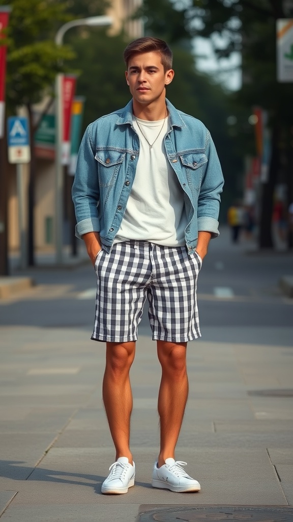A person wearing gingham shorts and a denim jacket, standing on a city street.