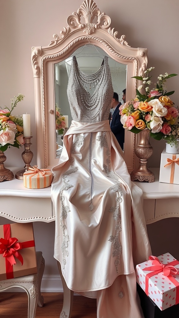 Glamorous birthday outfit displayed with flowers and gifts.