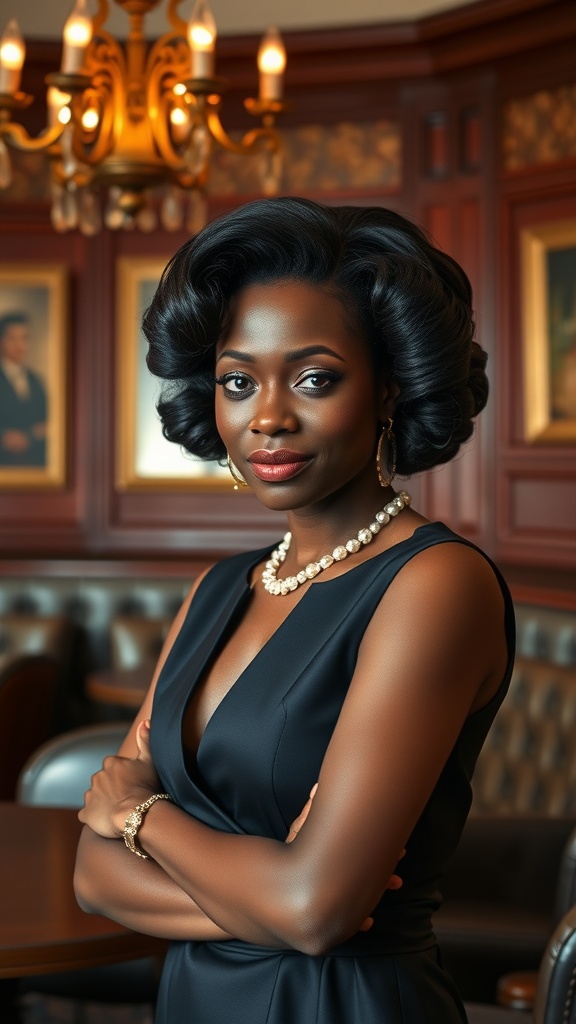 A woman with glamorous finger waves hairstyle, wearing elegant jewelry in a classy setting.