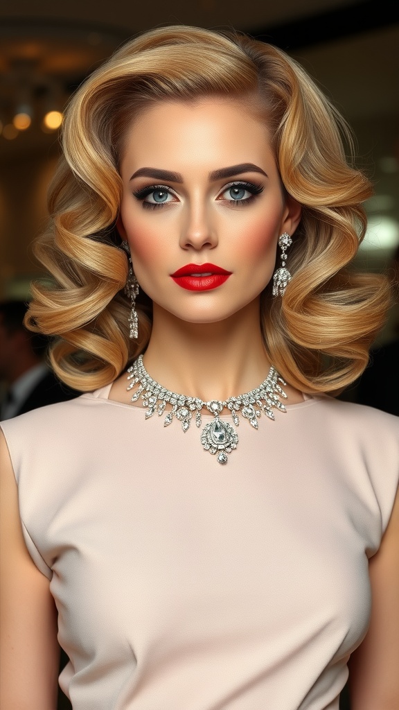 A woman with glamorous Hollywood waves hairstyle, bold red lips, and elegant jewelry.