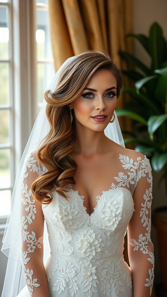 Bride with glamorous Hollywood waves hairstyle, wearing a lace wedding dress and veil.