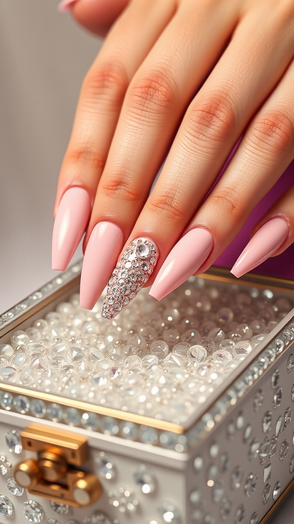 Close-up of light pink chrome almond nails with one glitter accent nail, resting on a decorative box filled with rhinestones.
