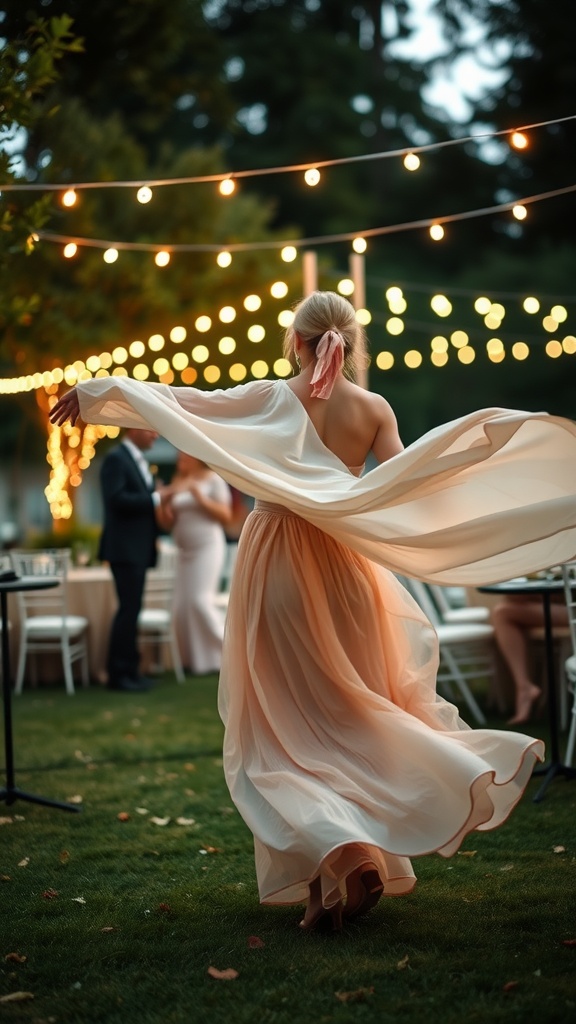 A woman in a flowing maxi dress twirling in an outdoor setting with string lights.