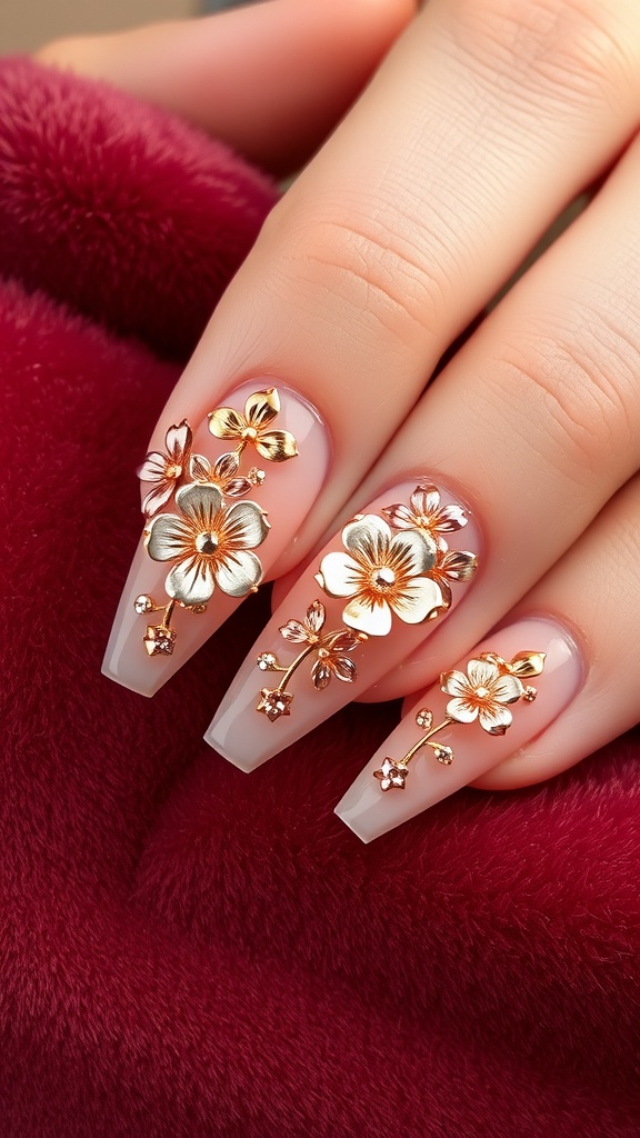 Close-up of almond-shaped nails with 3D metallic flower designs on a soft background.