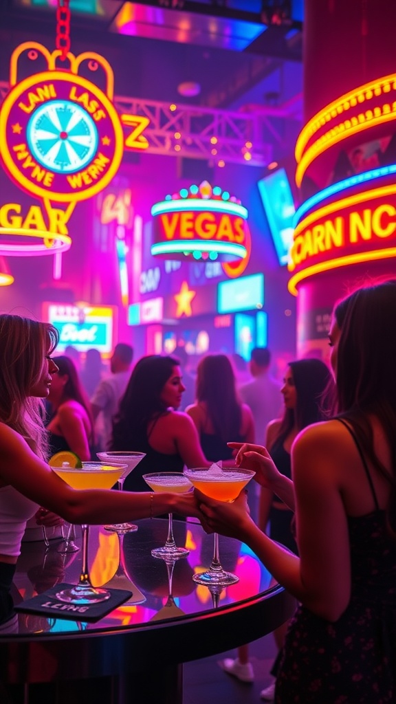 Two women at a bar in Las Vegas, holding colorful cocktails against a backdrop of bright neon lights.
