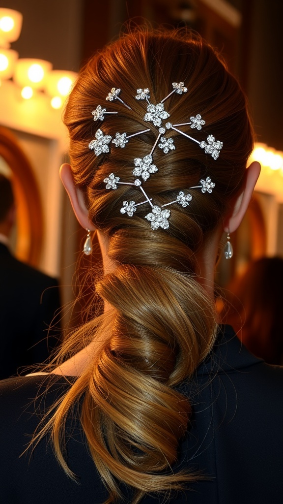 Glamorous ponytail styled with glittery hairpins, showcasing a sleek and polished look.