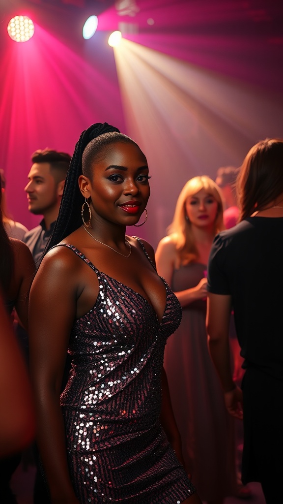 A woman wearing a sequined dress at a vibrant club, surrounded by people and colorful lights.