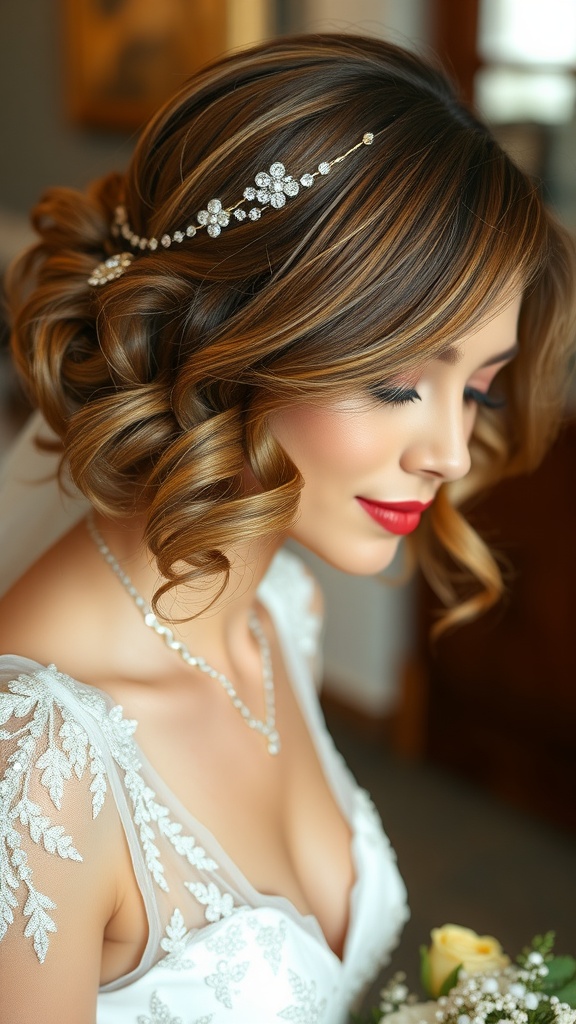 Glamorous short bob hairstyle with curls, adorned with a sparkling headband, worn by a bride.