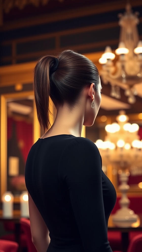 A woman with a slick back ponytail wearing a black dress in an elegant setting