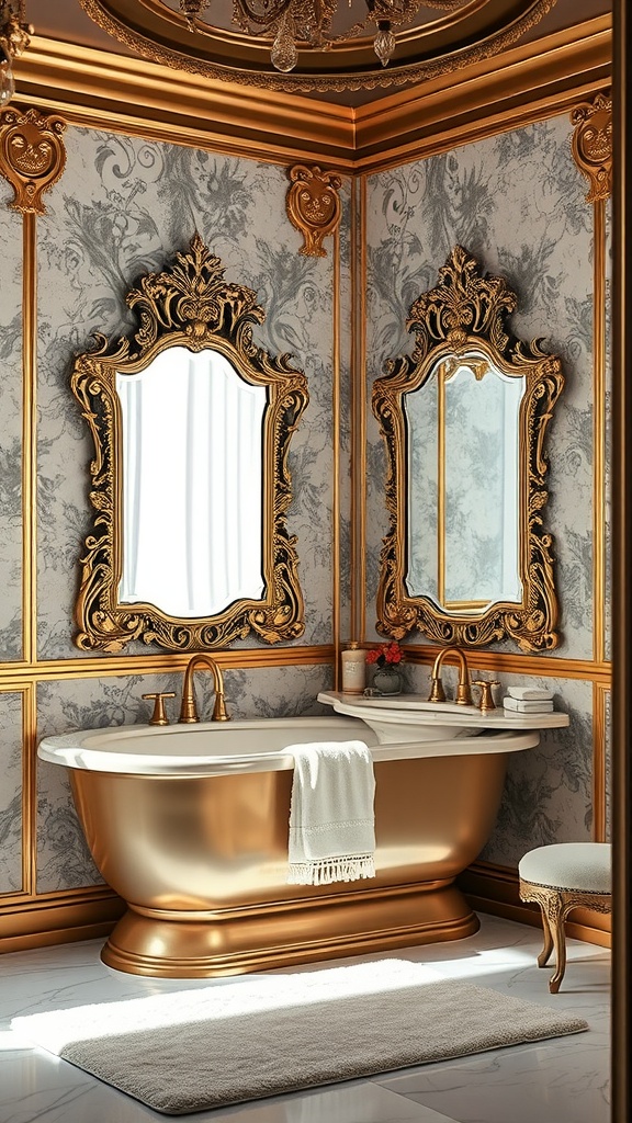 Glamorous bathroom with golden accents and ornate mirrors