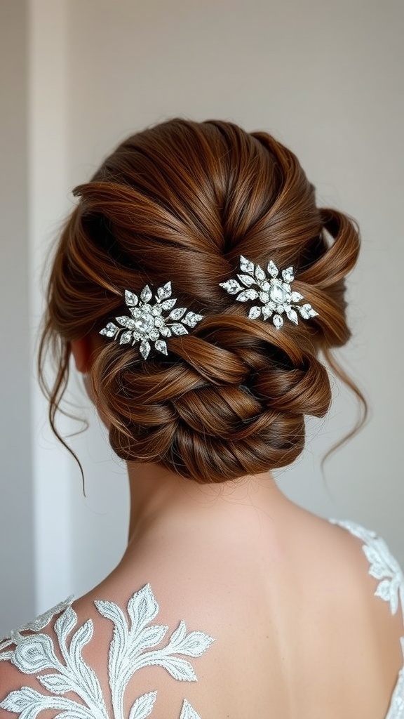 A glamorous updo hairstyle featuring intricate braids and sparkling hairpins, suitable for a wedding.