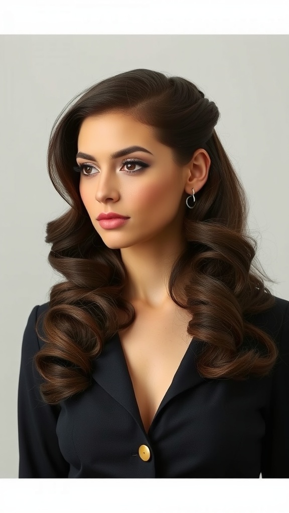 A woman with glamorous vintage waves hairstyle, showcasing defined curls and a polished look.