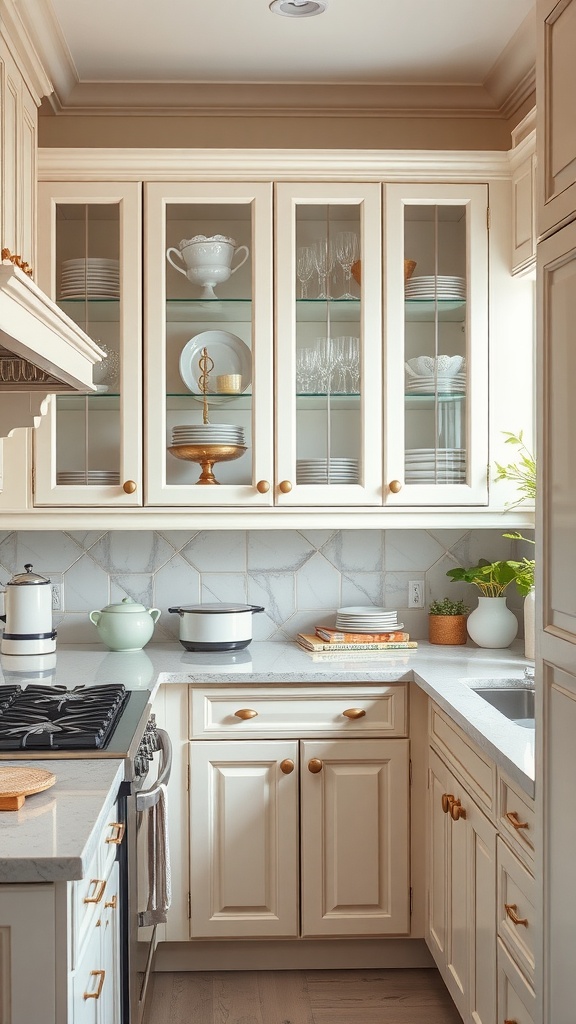 Image of a small kitchen featuring glass-front cabinet doors displaying dishes and glassware.