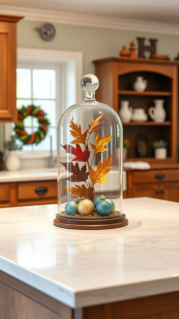 A glass cloche displaying autumn leaves and decorative ornaments on a kitchen island.