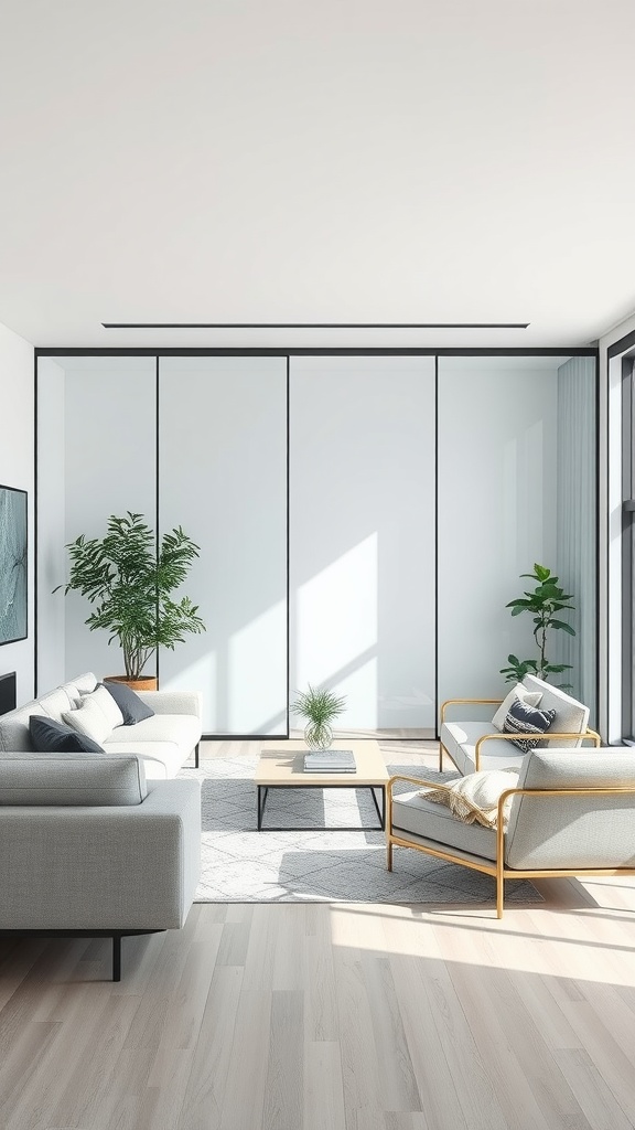 Modern living room with glass partition walls, light-colored furniture, and plants.