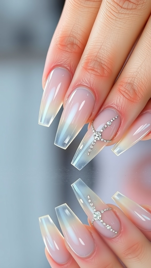Acrylic nails with a glassy finish and jewel embellishments, featuring a soft ombre effect.